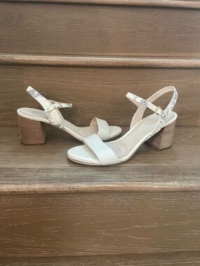 Cole Haan Cream Block Heel Sandals with Snake-Print Ankle Strap, Sz. 8.5